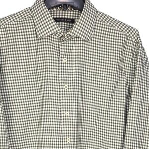 Hammer Made Dress Shirt Mens Large 17.5/44 Green White Gingham Check 100% Cotton